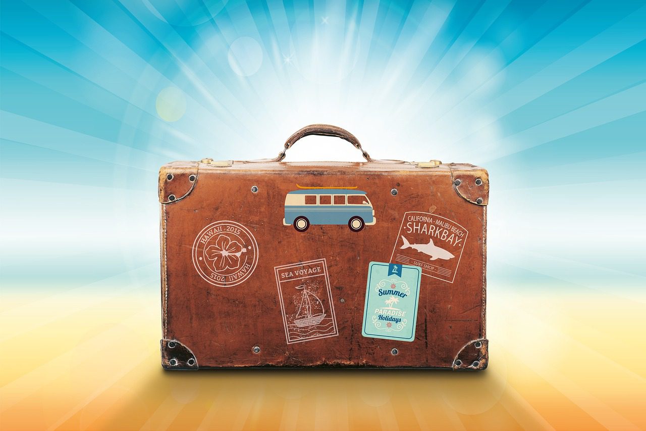 luggage, travel, sunlight, vacations, summer, stickers, volkswagen bus, nature, hawaii, malibu, beach, paradise, holidays, dream, sun rays, suitcase, bag